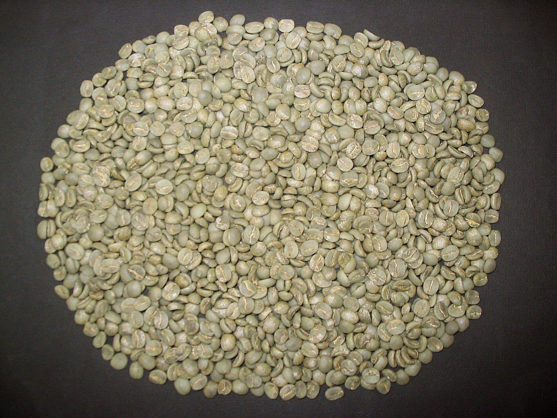 Heap of green unroasted coffee beans on a dark surface