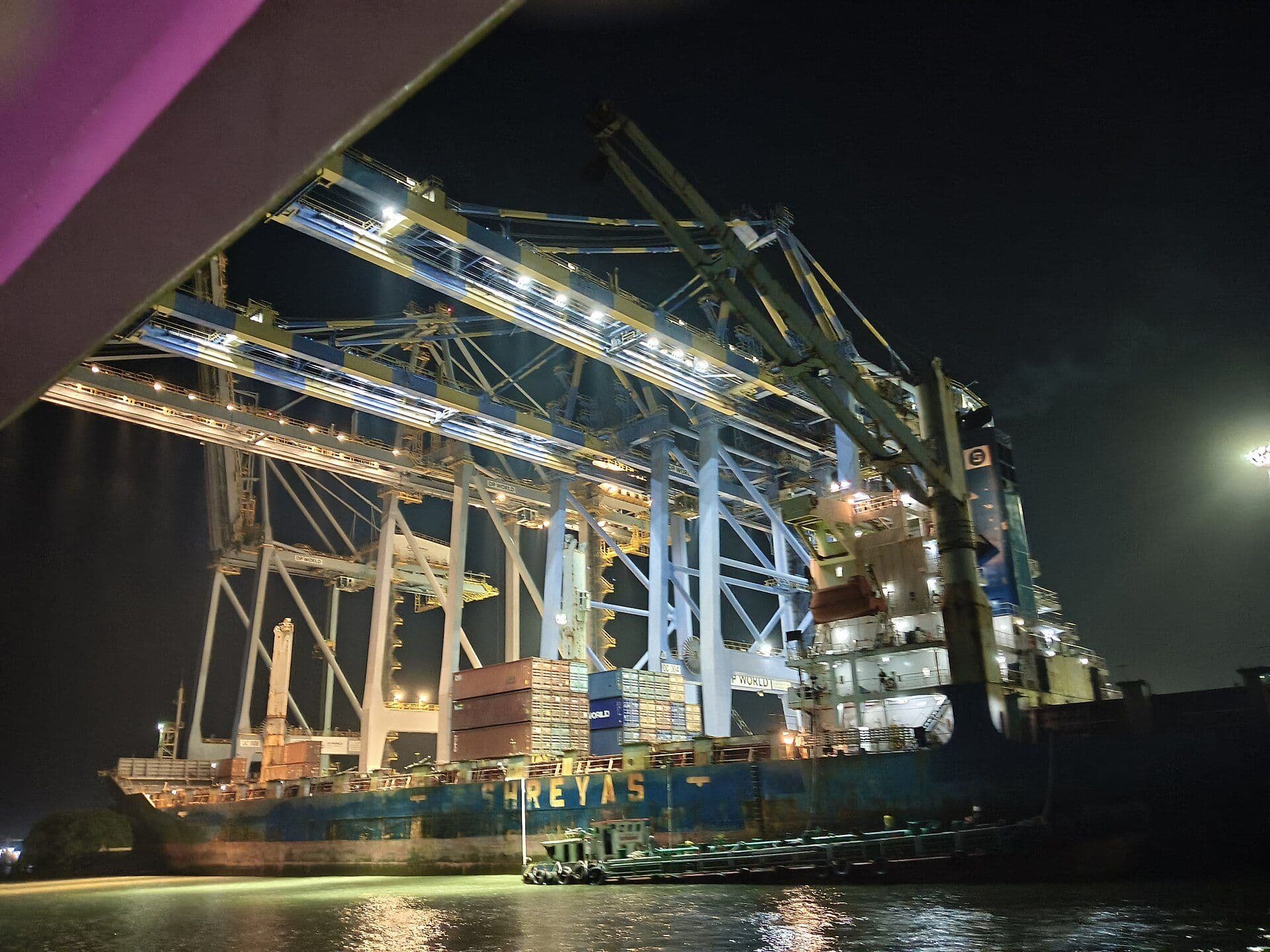 Container vessel under ship-to-shore cranes at the International Container Transshipment Terminal, Kochi